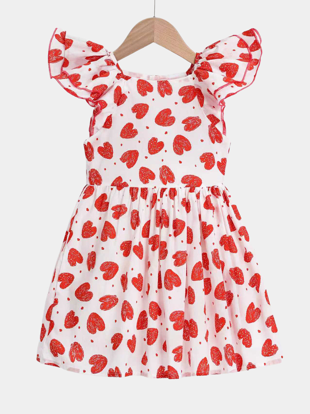 Girls'  Red Heart Flutter Sleeve Casual Party Dress