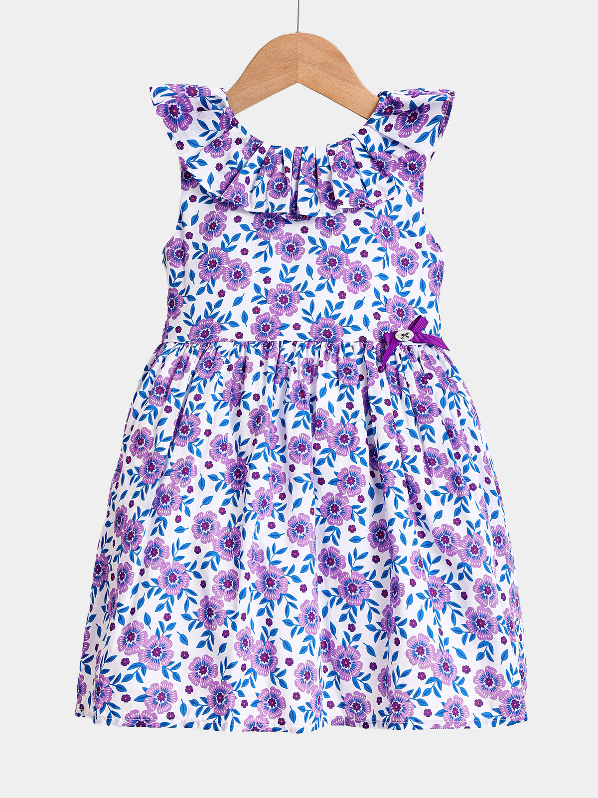 Girls' Purple Floral Ruffle Neck Sleeveless Breathable Cotton Summer Dress