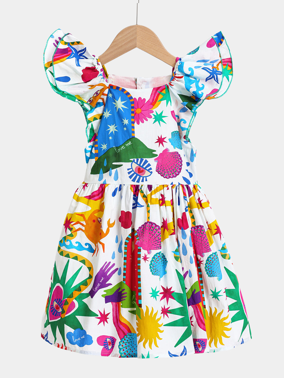 Vibrant Hand-Drawn Print Girls' A-Line Dress Breathable Cotton Summer Sundress