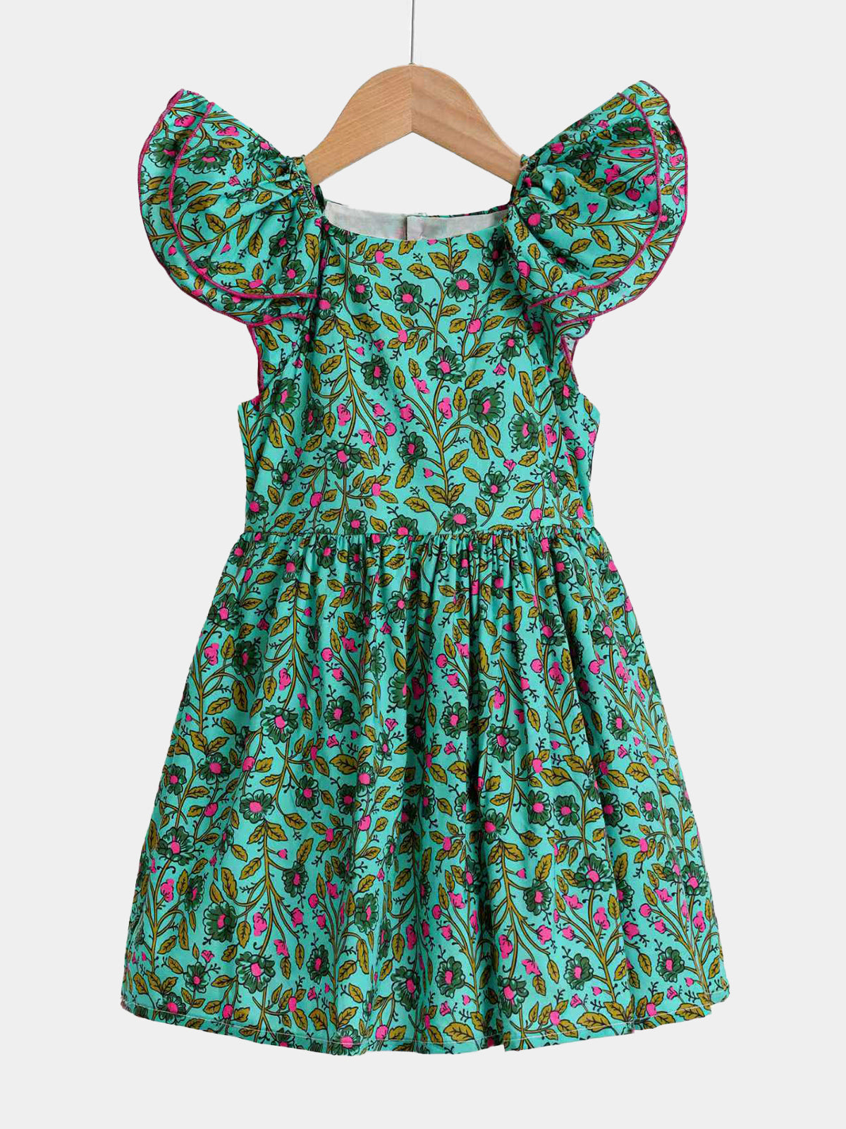 Girls' Ruffle Sleeve Bohemian Green Floral Cotton A-line Dress