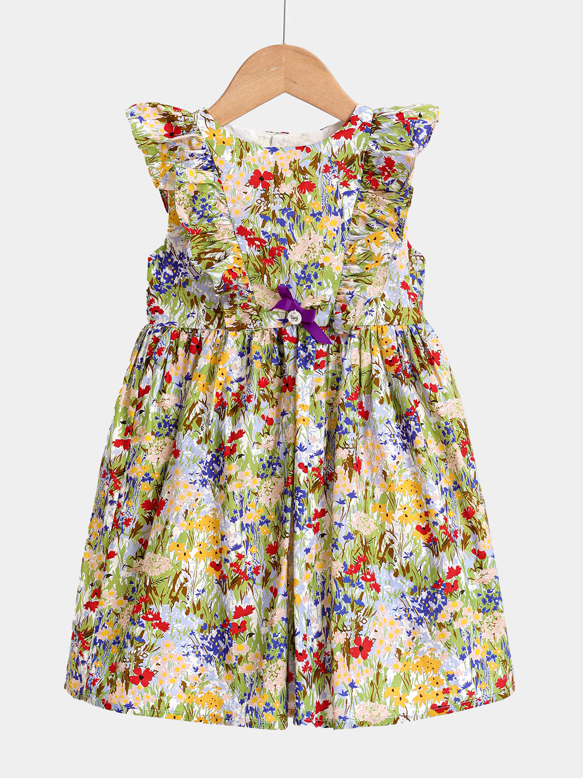 Girls Vibrant Floral Cotton Dress Ruffle Sleeve A-Line Sundress