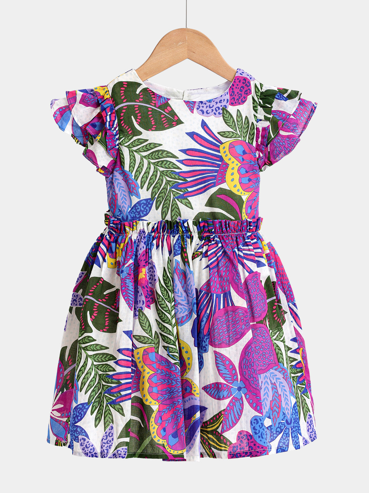 Tropical Floral Ruffle Sleeve Girls' Dress Ruffle Trim Cotton Dress for Summer