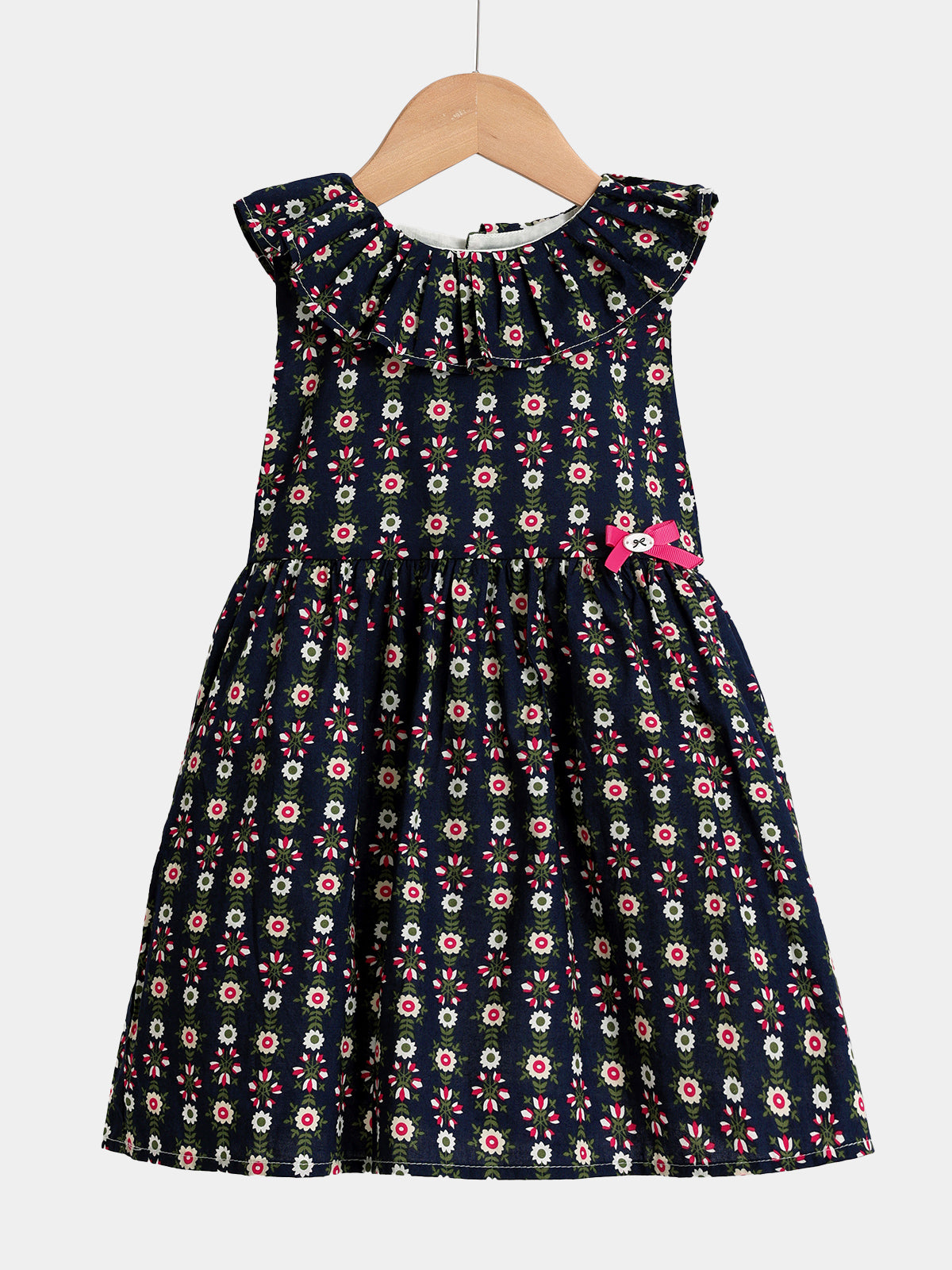 Classic Navy Floral Girls' Sundress Ruffle Neck Cotton Dress for Summer